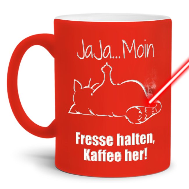 Tassendruck Neon mit Gravur - Jaja Moin, Fresse halten, Kaffee her! im Angebot
