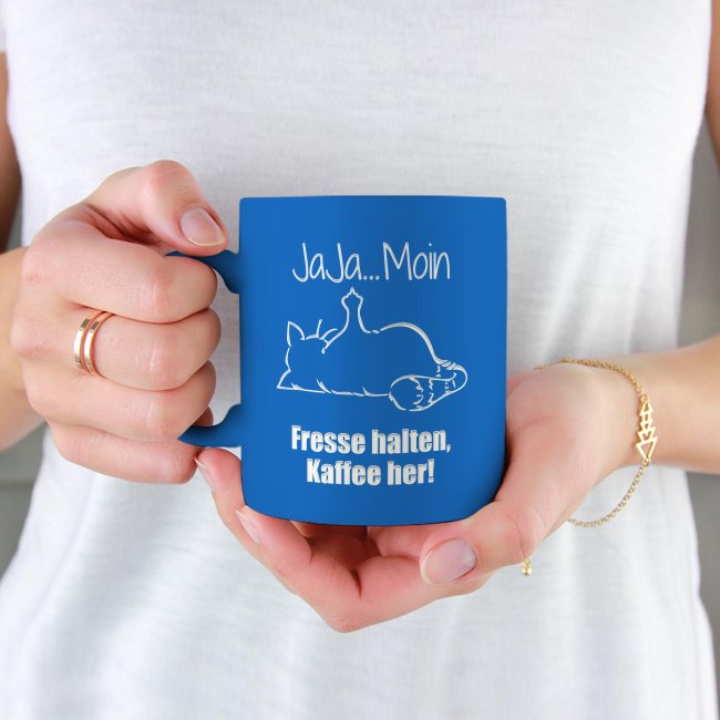 Tassendruck Neon mit Gravur - Jaja Moin, Fresse halten, Kaffee her! im Angebot
