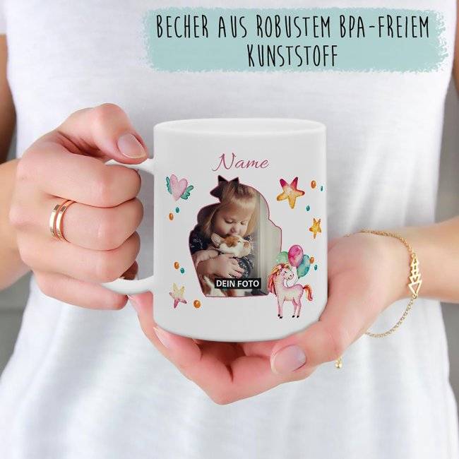 Tassendruck Plastiktasse mit Foto für Kinder - Einhorn - mit Name personalisierbar - aus robustem Kunststoff Günstig kaufen