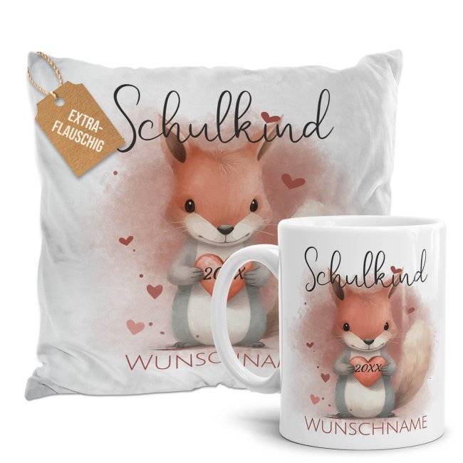 Tassendruck Geschenk-Set zur Einschulung - Kissen & - mit 5 süßen Tiermotiven und 3 flauschigen Kissenfarben zur Auswahl Begrenztes Angebot
