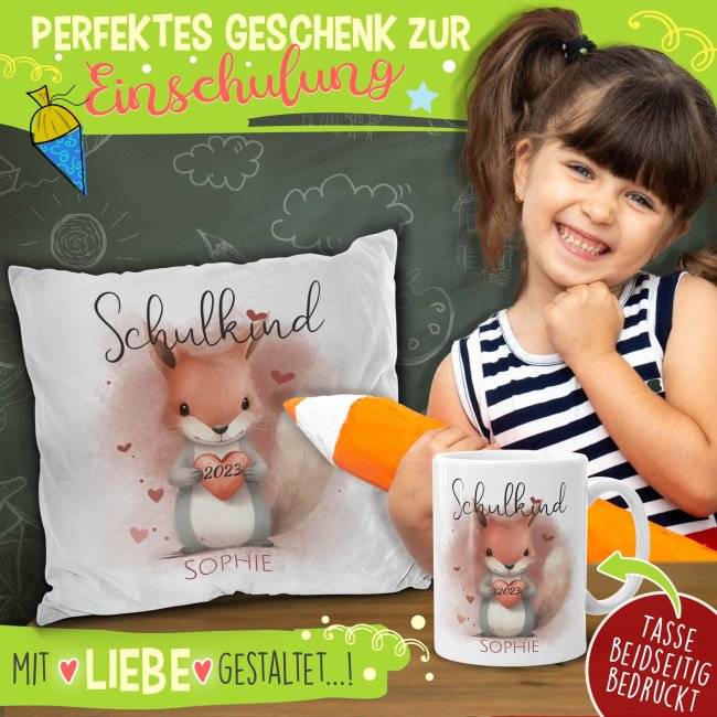 Tassendruck Geschenk-Set zur Einschulung - Kissen & - mit 5 süßen Tiermotiven und 3 flauschigen Kissenfarben zur Auswahl Begrenztes Angebot