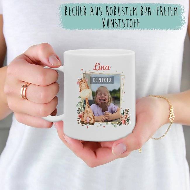 Tassendruck Plastiktasse mit Foto für Kinder - Giraffe - mit Name personalisierbar - aus robustem Kunststoff Cyber Monday