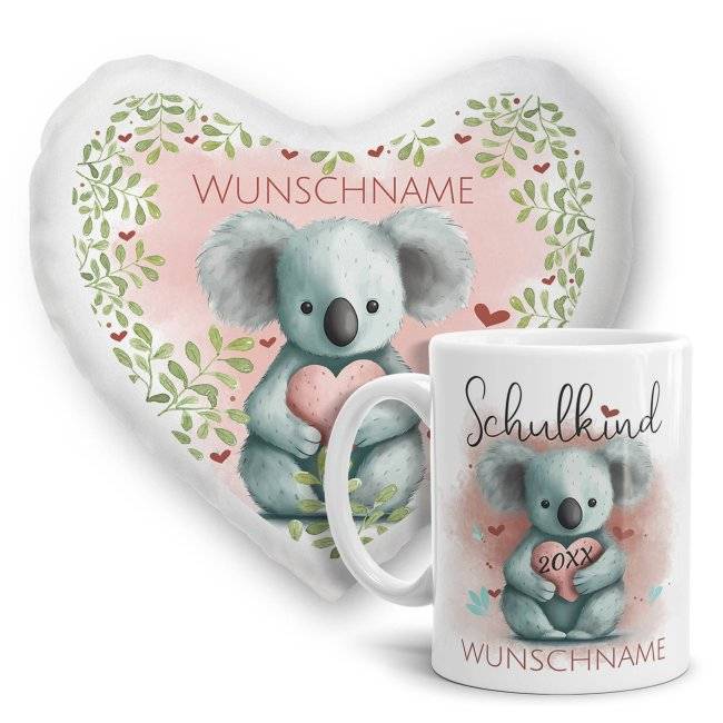 Tassendruck Geschenk-Set zur Einschulung - Herzkissen & Keramiktasse - mit 5 süßen Tiermotiven zur Auswahl - mit Name und Jahreszahl personalisierbar Saisonale Angebote