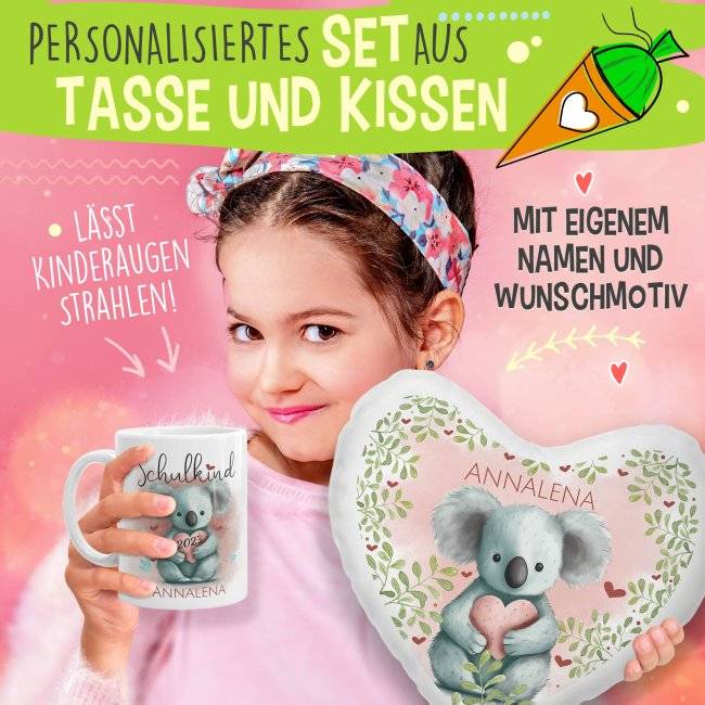 Tassendruck Geschenk-Set zur Einschulung - Herzkissen & Keramiktasse - mit 5 süßen Tiermotiven zur Auswahl - mit Name und Jahreszahl personalisierbar Saisonale Angebote