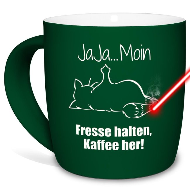 Tassendruck mit Lasergravur - Fresse halten, Kaffee her!