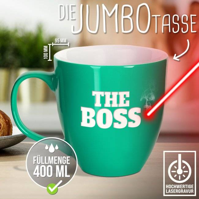 Tassendruck Hochglänzende Porzellantasse mit Gravur - XXL Jumbotasse - THE BOSS - Glossy Effect Nur noch ein Tag übrig