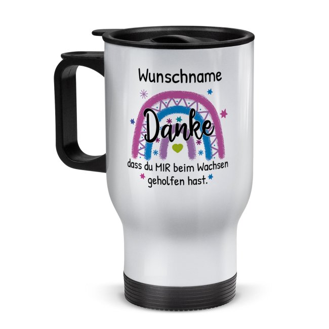 Tassendruck Thermobecher für Erzieherin - Danke, geholfen hast - Regenbogen Rosa - mit Name personalisierbar - Weiß