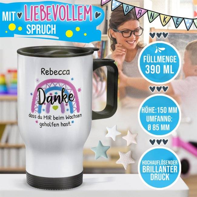Tassendruck Thermobecher für Erzieherin - Danke, geholfen hast - Regenbogen Rosa - mit Name personalisierbar - Weiß Kostenloser Versand international