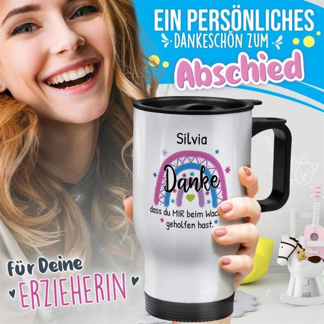 Tassendruck Thermobecher für Erzieherin - Danke, geholfen hast - Regenbogen Rosa - mit Name personalisierbar - Weiß Kostenloser Versand international