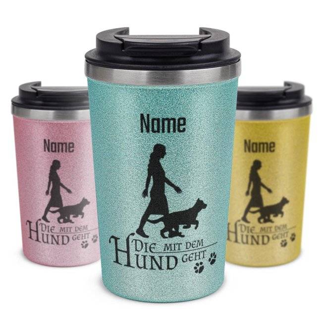 Tassendruck To Go Edelstahlbecher Glitzer - Die mit dem Hund geht - mit Name