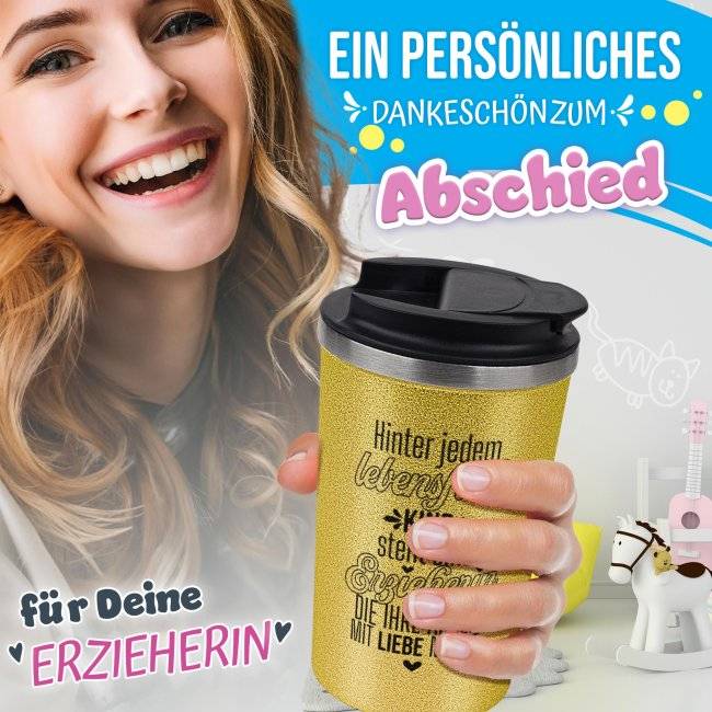 Tassendruck To Go Edelstahlbecher Glitzer - Hinter jedem Kind steht eine Erzieherin Black Friday Preise