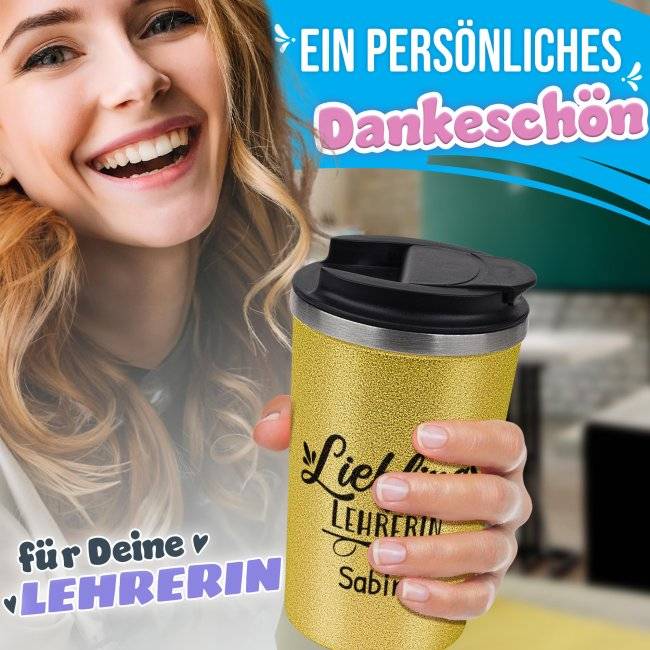 Tassendruck To Go Edelstahlbecher Glitzer - Lieblings-Lehrerin - mit Name zollfrei