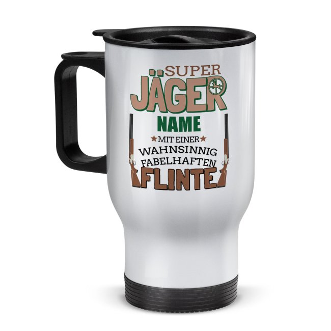 Tassendruck Edelstahl-Thermobecher - Super Jäger mit fabelhafter Flinte - mit Name personalisierbar Auslauf
