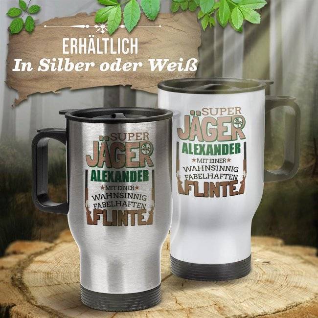 Tassendruck Edelstahl-Thermobecher - Super Jäger mit fabelhafter Flinte - mit Name personalisierbar Auslauf