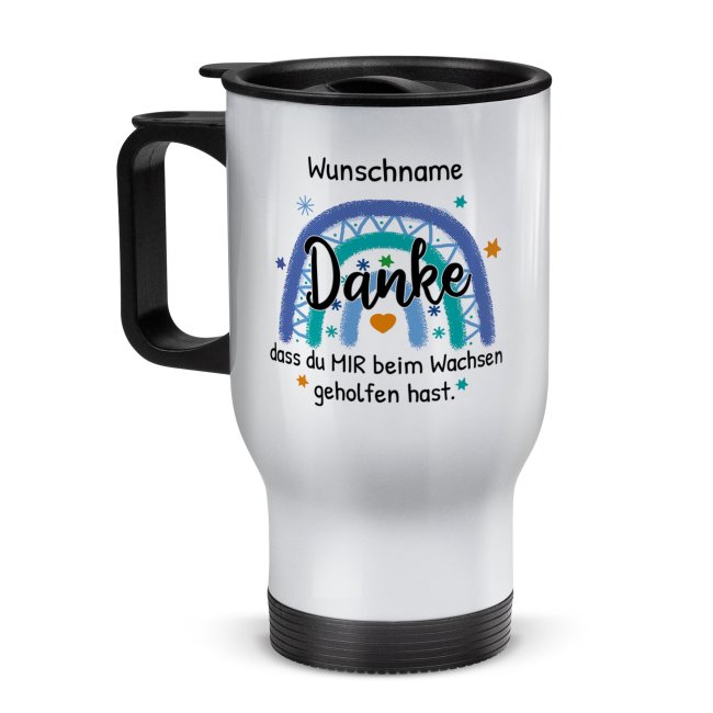 Tassendruck Thermobecher für Erzieher - Danke, geholfen hast - Regenbogen Blau - mit Name personalisierbar - Weiß