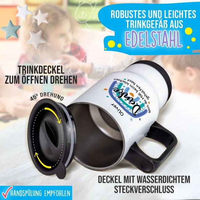 Tassendruck Thermobecher für Erzieher - Danke, geholfen hast - Regenbogen Blau - mit Name personalisierbar - Weiß Angebote
