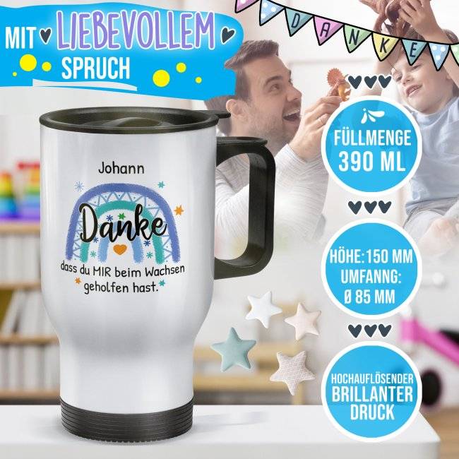 Tassendruck Thermobecher für Erzieher - Danke, geholfen hast - Regenbogen Blau - mit Name personalisierbar - Weiß Angebote