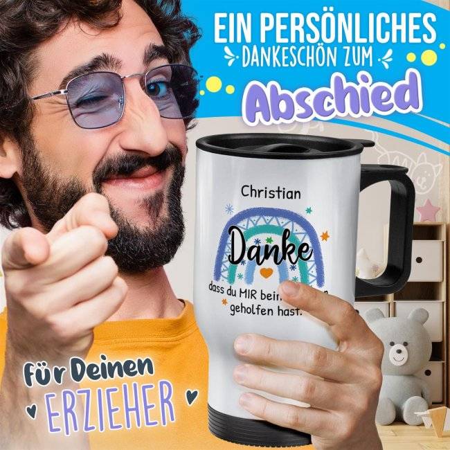 Tassendruck Thermobecher für Erzieher - Danke, geholfen hast - Regenbogen Blau - mit Name personalisierbar - Weiß Angebote