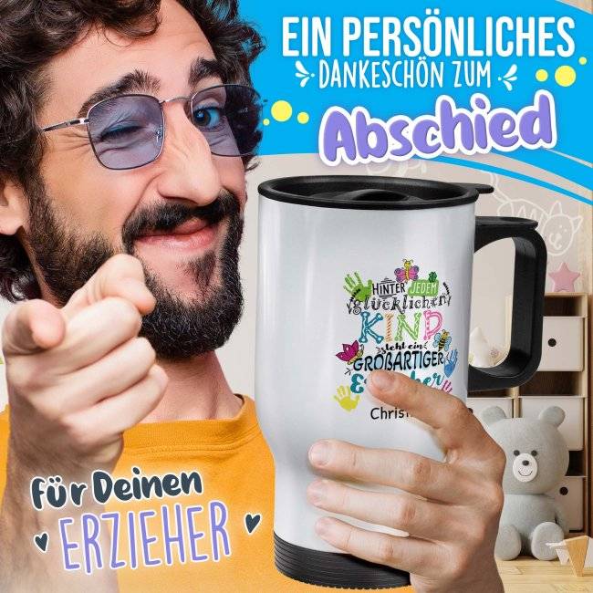 Tassendruck Thermobecher für Erzieher - Hinter jedem Kind - bunt - mit Name personalisierbar - Weiß Hotsell