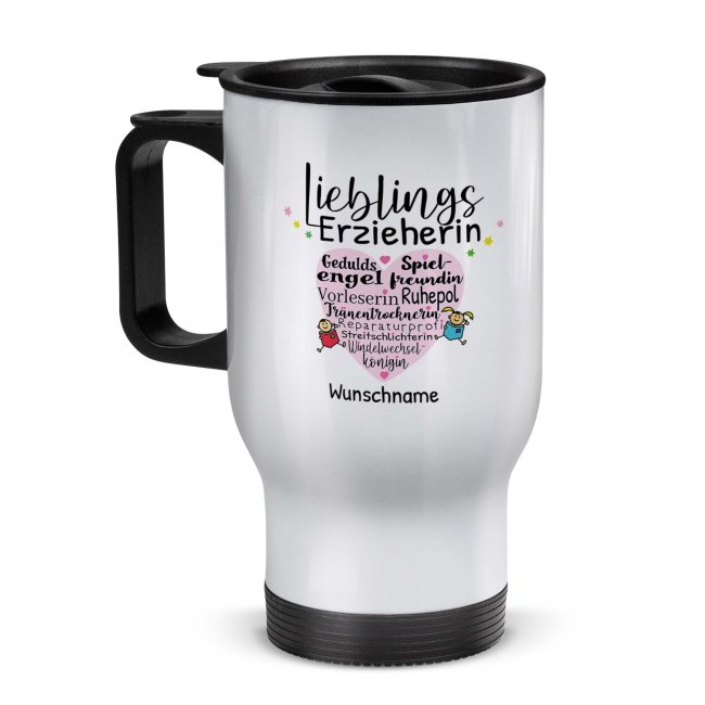 Tassendruck Thermobecher für Erzieherin - Lieblingserzieherin - mit Name personalisierbar - Weiß