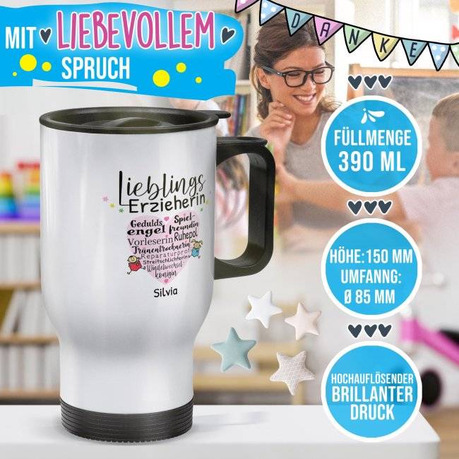 Tassendruck Thermobecher für Erzieherin - Lieblingserzieherin - mit Name personalisierbar - Weiß im Angebot