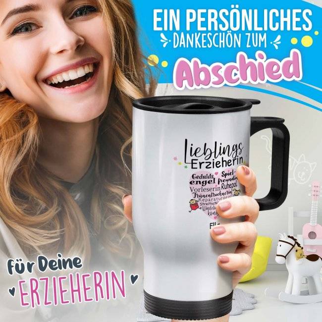 Tassendruck Thermobecher für Erzieherin - Lieblingserzieherin - mit Name personalisierbar - Weiß im Angebot