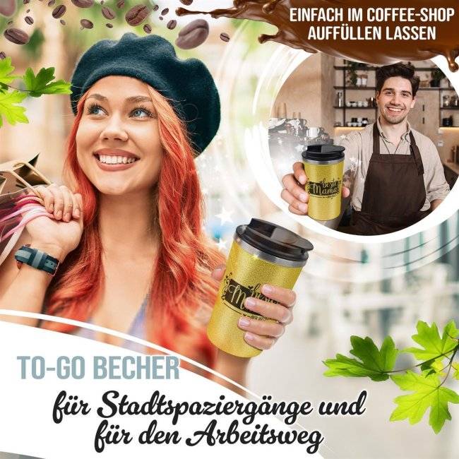 Tassendruck To Go Edelstahlbecher Glitzer - Beste Mama der Welt Schlussverkauf