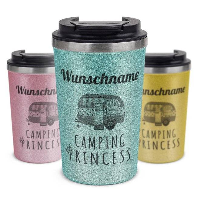 Tassendruck To Go Edelstahlbecher Glitzer - Camping Princess - mit Name