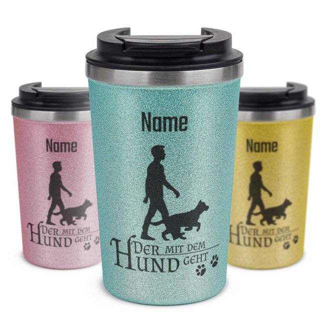 Tassendruck To Go Edelstahlbecher Glitzer - Der mit dem Hund geht - mit Name
