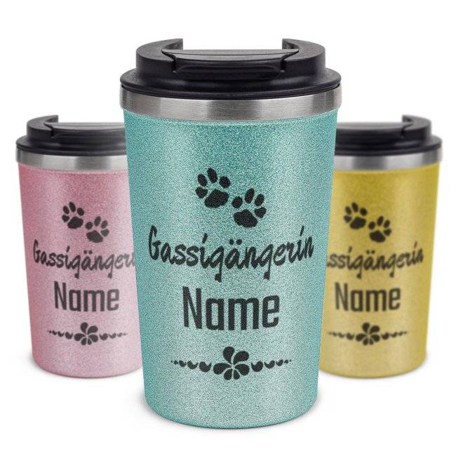 Tassendruck To Go Edelstahlbecher Glitzer - Gassigängerin - mit Name