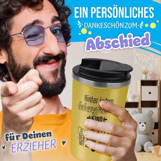 Tassendruck To Go Edelstahlbecher Glitzer - Hinter jedem Kind steht ein Erzieher Limitierter Zeitrabatt
