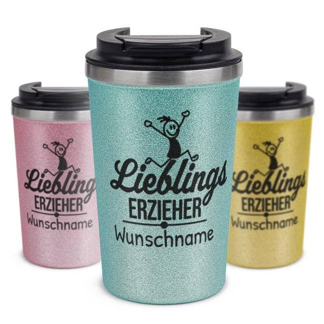 Tassendruck To Go Edelstahlbecher Glitzer - Lieblings-Erzieher - mit Name