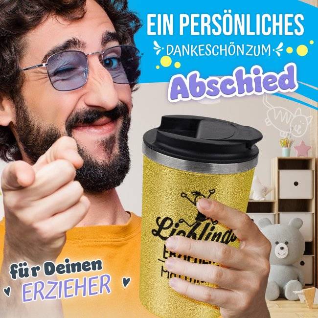 Tassendruck To Go Edelstahlbecher Glitzer - Lieblings-Erzieher - mit Name Fabrikpreis