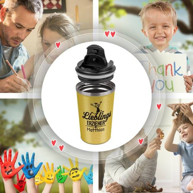 Tassendruck To Go Edelstahlbecher Glitzer - Lieblings-Erzieher - mit Name Fabrikpreis