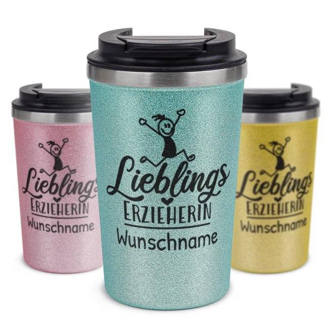 Tassendruck To Go Edelstahlbecher Glitzer - Lieblings-Erzieherin - mit Name