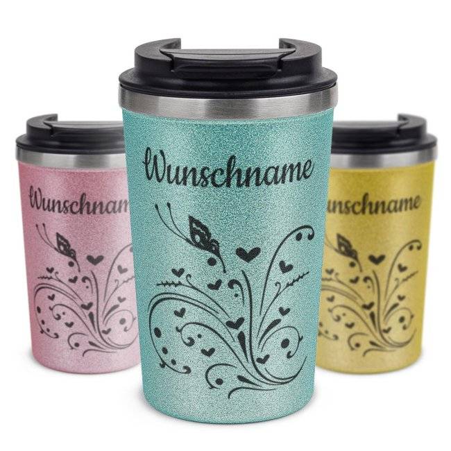 Tassendruck To Go Edelstahlbecher Glitzer - Schmetterling - mit Name