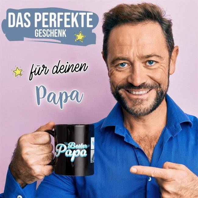 Tassendruck Schwarze - Bester Papa - mit drei Fotos gestalten Preisnachlass
