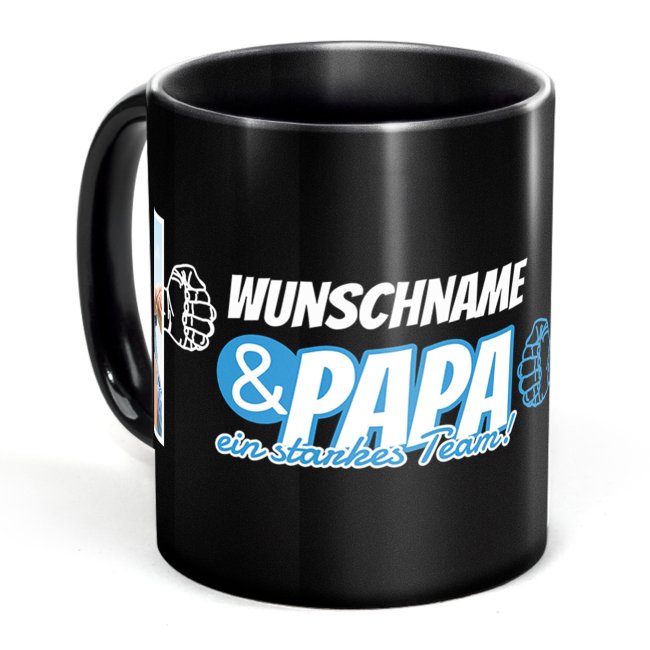 Tassendruck Schwarze für Papa - Starkes Team - mit Name und Fotos gestalten