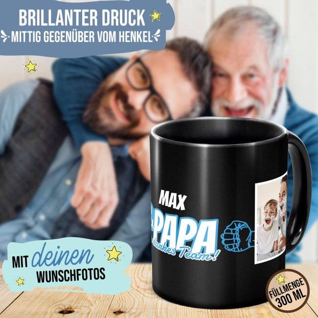 Tassendruck Schwarze für Papa - Starkes Team - mit Name und Fotos gestalten Saisonschlussverkauf