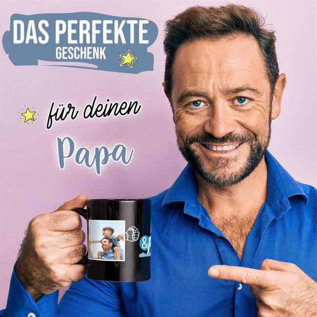 Tassendruck Schwarze für Papa - Starkes Team - mit Name und Fotos gestalten Saisonschlussverkauf