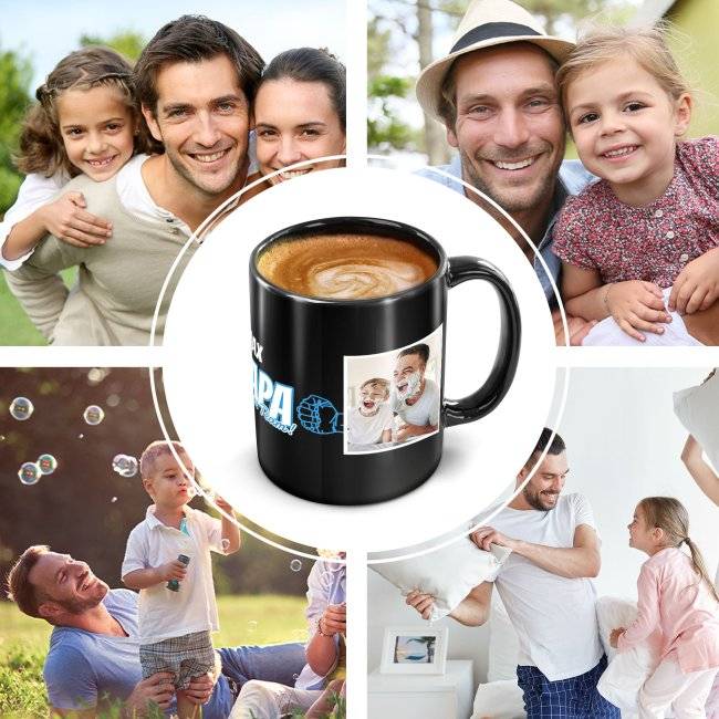 Tassendruck Schwarze für Papa - Starkes Team - mit Name und Fotos gestalten Saisonschlussverkauf