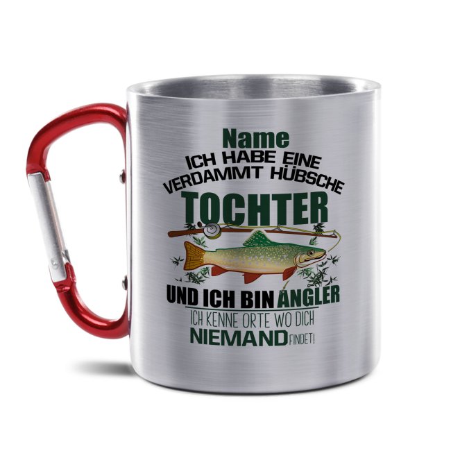 Tassendruck Karabiner - Angler mit hübscher Tochter - mit Name personalisierbar