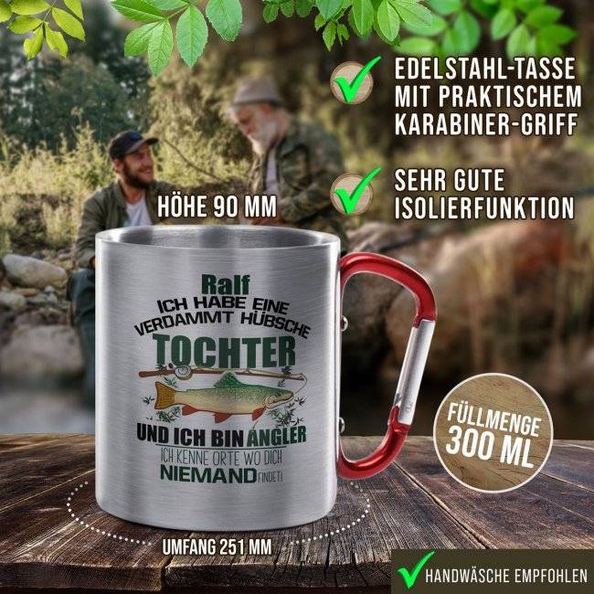 Tassendruck Karabiner - Angler mit hübscher Tochter - mit Name personalisierbar Weihnachtsangebot