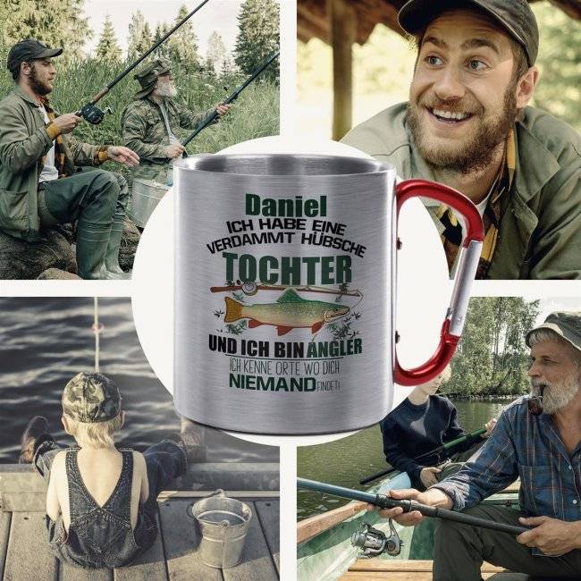 Tassendruck Karabiner - Angler mit hübscher Tochter - mit Name personalisierbar Weihnachtsangebot