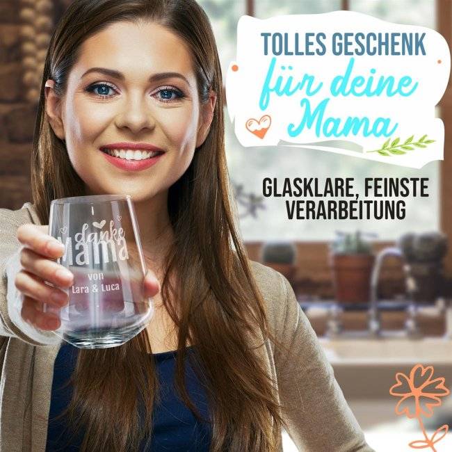 Tassendruck Trinkglas mit Gravur für Mama mit Spruch - Danke Mama - mit Name personalisierbar Valentinstagsangebot