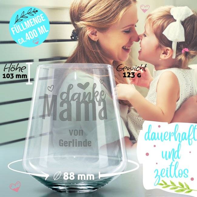 Tassendruck Trinkglas mit Gravur für Mama mit Spruch - Danke Mama - mit Name personalisierbar Valentinstagsangebot