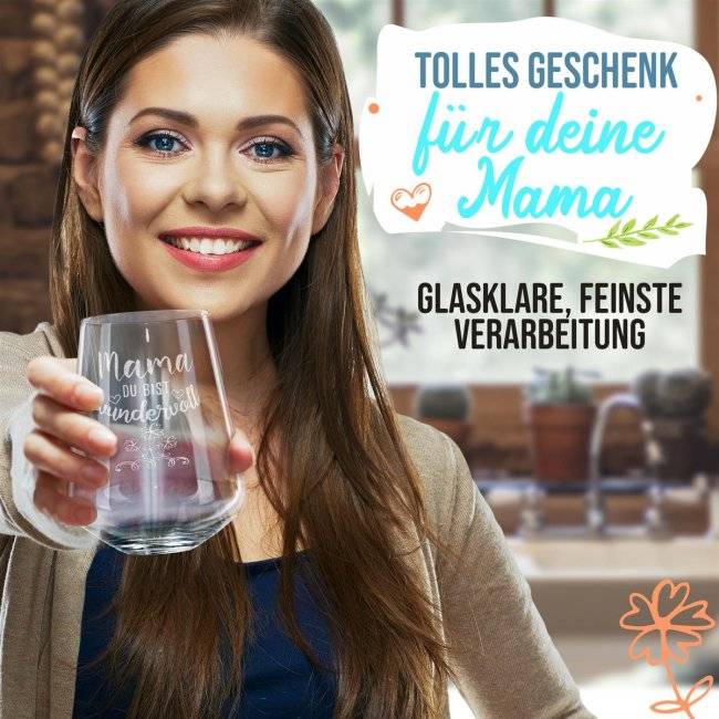 Tassendruck Trinkglas mit Gravur für Mama mit Spruch - Mama, Du bist wundervoll Jubiläumsangebot