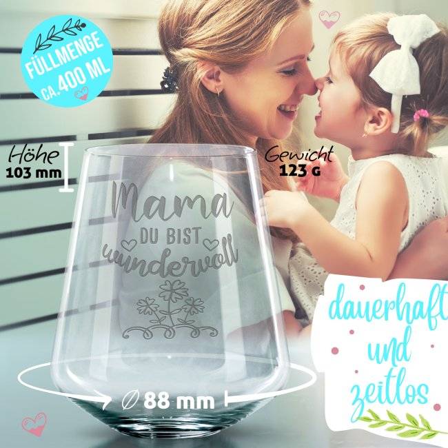 Tassendruck Trinkglas mit Gravur für Mama mit Spruch - Mama, Du bist wundervoll Jubiläumsangebot