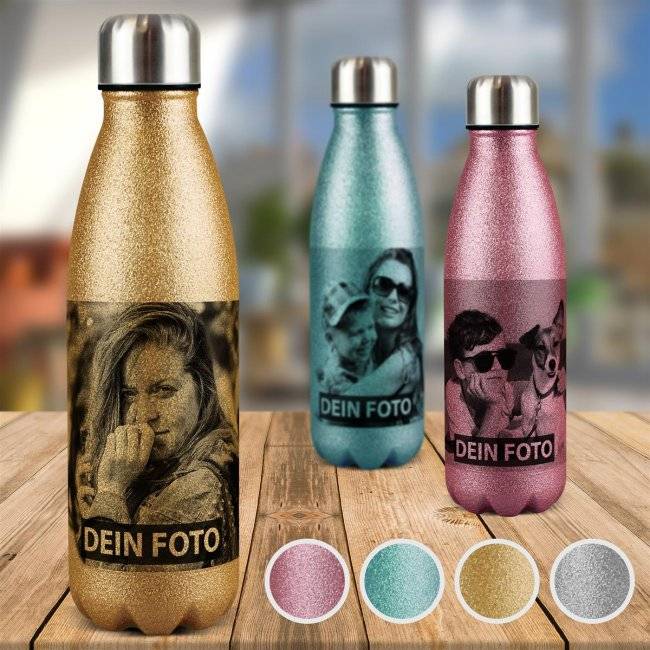 Tassendruck Edelstahl-Trinkflasche mit Glitzer Effekt - 4 Farben - 500 ml Blitzangebot