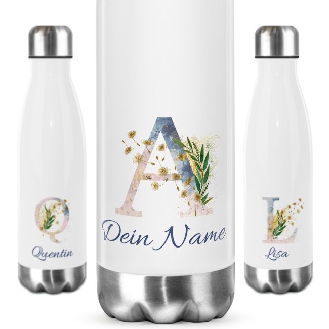 Tassendruck Buchstaben-Trinkflasche aus Edelstahl - mit Blumenmotiv